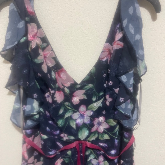 Marchesa Notte Blue Floral Chiffon Midi Gown Size 12 Flutter Sleeve Formal - Picture 13 of 15